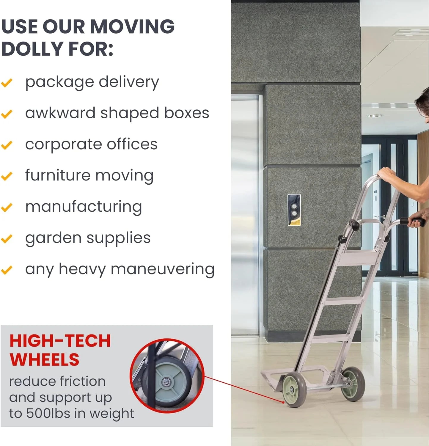 HaulPro Hand Truck 500-lb Capacity Dolly Cart with 8? Rubber Dolly Wheels & 17.5 ft x 9 ft Nose Plate