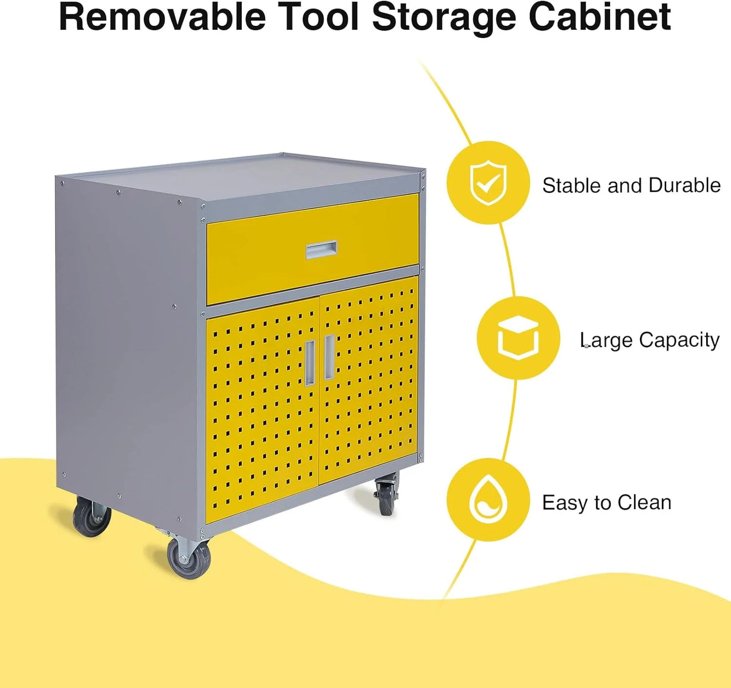 walsport Tool Chest, Rolling Storage Cabinet with Lockable Wheels with 1 Drawer & 2 Doors 1 Adjustable Shelf & 4 Hanging Hooks, Yellow