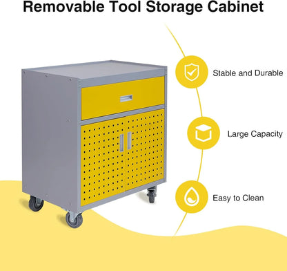walsport Tool Chest, Rolling Storage Cabinet with Lockable Wheels with 1 Drawer & 2 Doors 1 Adjustable Shelf & 4 Hanging Hooks, Yellow