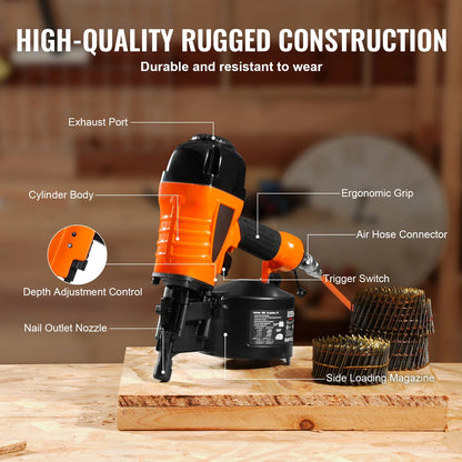KFFKFF Pneumatic Coil Siding Nailer CN65, Adjustable 1-1/4" to 2-1/2" 15 Degree, 70-120PSI, Ideal for Siding, Sheathing, Woodworking, Fencing, and Decking