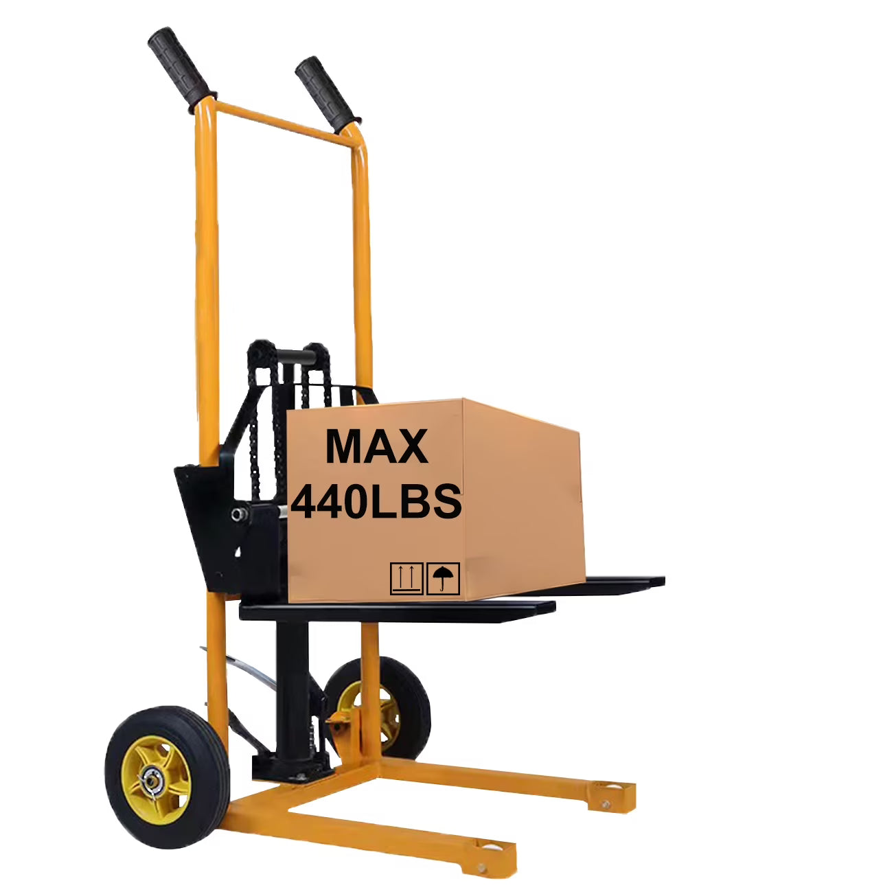 Small Manual Forklift Hydraulic Stacker, Portable Material Lift Truck with Adjustable Forks and Fixed Legs, 440 Lbs Straight Wheel Stacker Truck (Without Pallets)