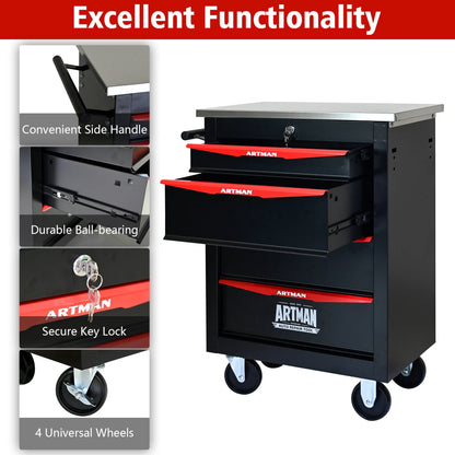 JXXRZ 4-Drawer Rolling Tool Cart with Wheels, Stainless Steel Top & Lock for Garage Workshop, Black& Red