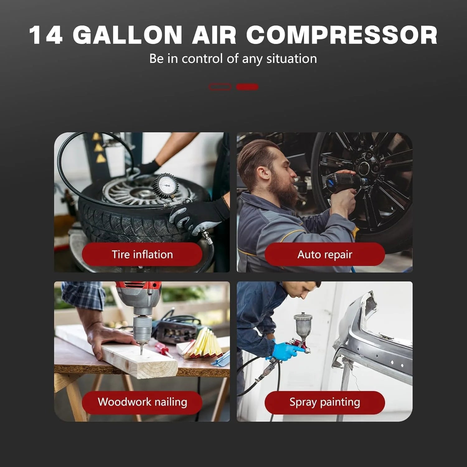 14-Gallon ultra-quiet air compressor 70dB, 2HP horsepower, 8.75CFM flow, maximum 116PSI pressure, oil-free design, 110V voltage, suitable for car repair, painting, and carpentry nailing operations