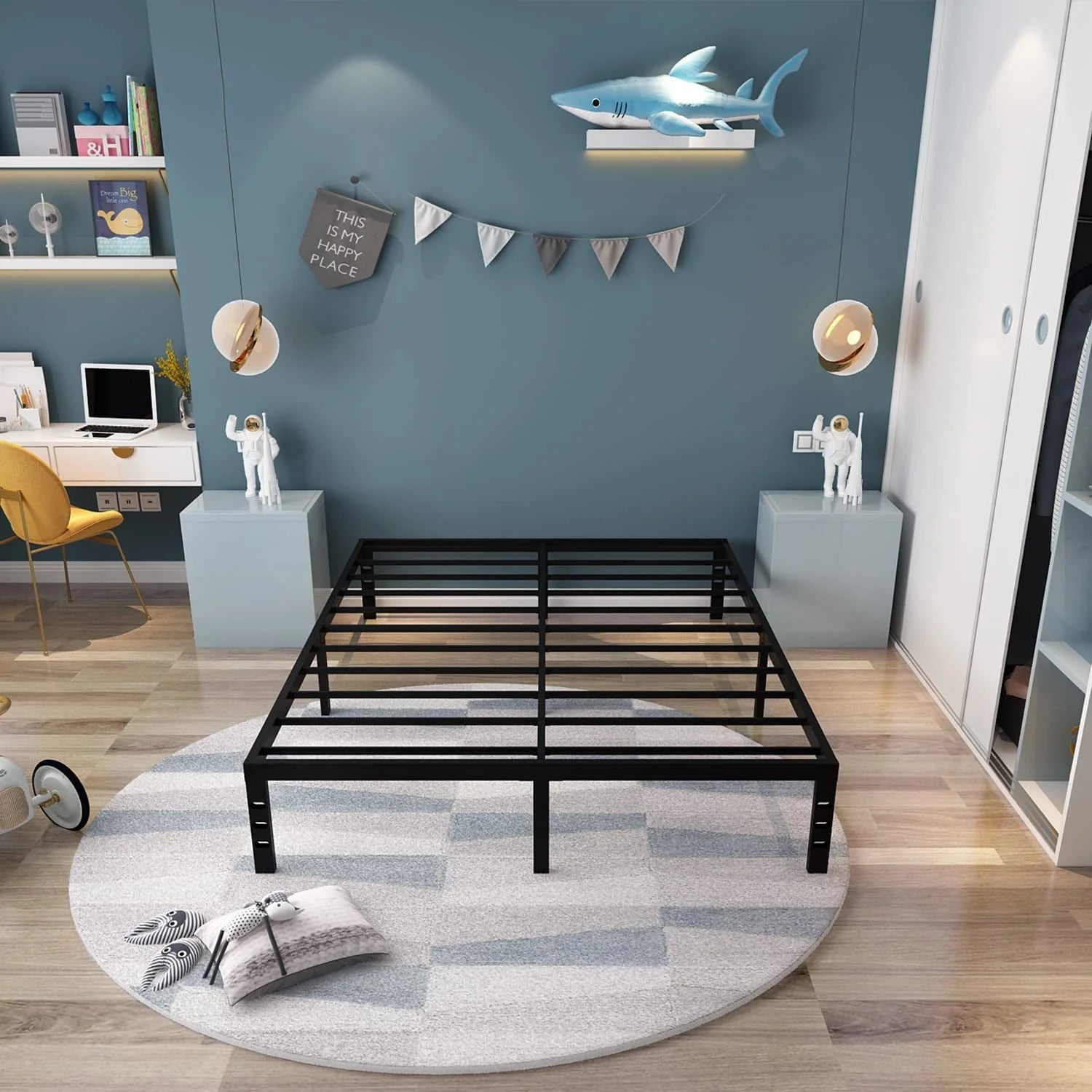 OmiNight 18 inches Tall Heavy Duty Steel Slat Queen Size Metal Bed Frame,Noiseless,No Box Spring Needed,Easy Set up,Non-Slip Support,Adequate Under-bed Storage, Metal Platform Bed for Adults