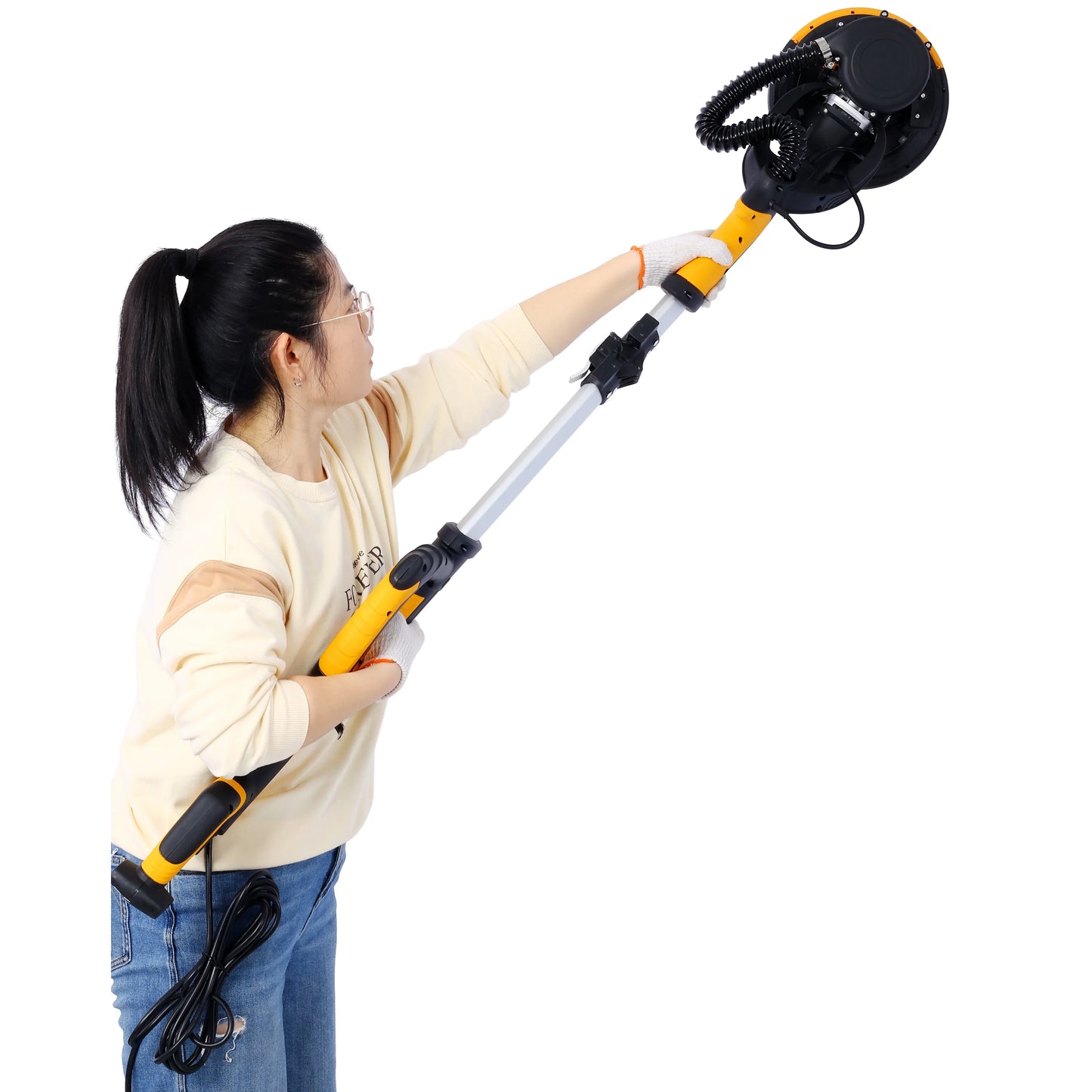 Electric Drywall Sander with Vacuum, 780W Power Sander for Drywall Dustless Floor Sander with Variable Speed 900-1800RPM, LED Light, Extendable, Foldable Handle, 4M Power Cable, Yellow+Black