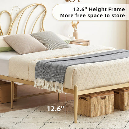 Gold Platform Queen Size Bed Frame with Headboard and Footboard, 12.6 Inches Metal Mattressfor Storage, No Box Spring Needed, Easy Assembly, Modern Design (Butterfly)