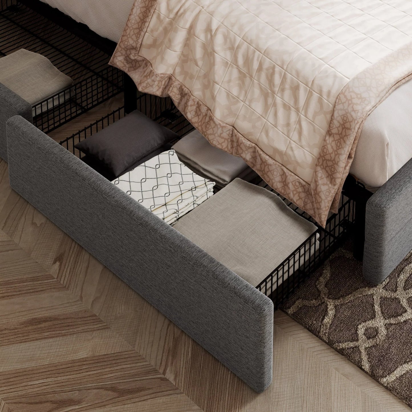 Allewie Light Grey Queen Platform Bed Frame with 4 Drawers Storage and Square Stitched Button Tufted Upholstered Headboard