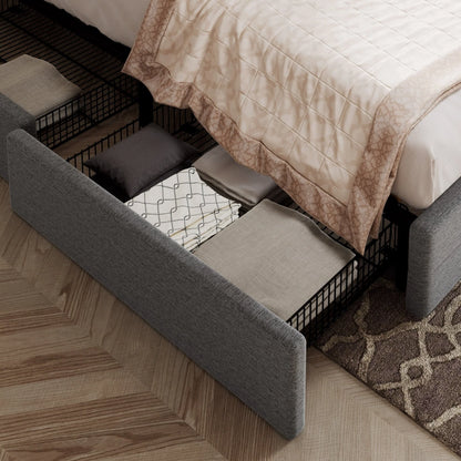 Allewie Light Grey Queen Platform Bed Frame with 4 Drawers Storage and Square Stitched Button Tufted Upholstered Headboard