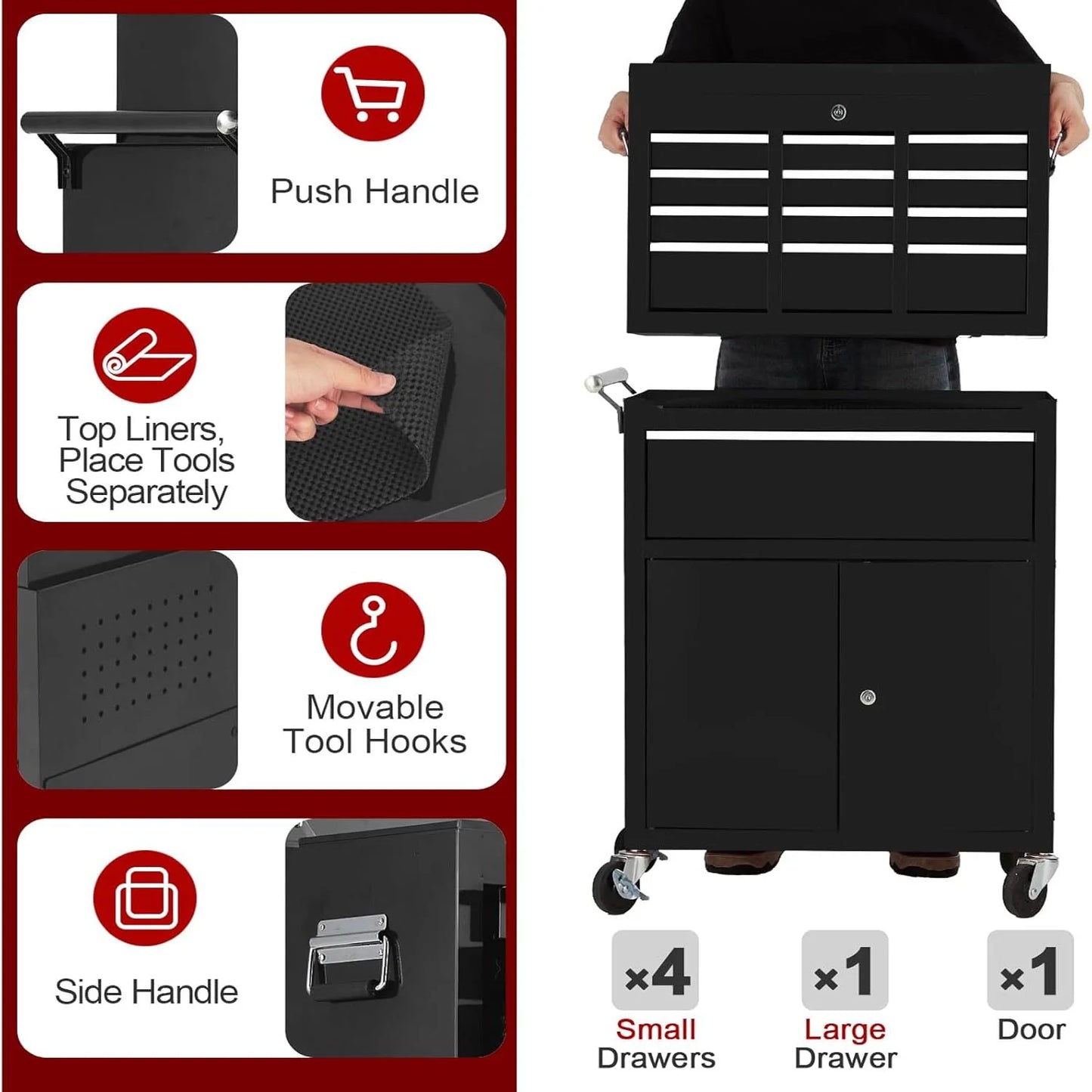 Huloretions 20" Tool Chest,Tool Storage Removable Tool Box Combo Rolling Tool Chest, 5-Drawers Metal Tool Box Organizer w/Auto Locking System & Lockable Wheels, Sliding Drawers, Detachable Top