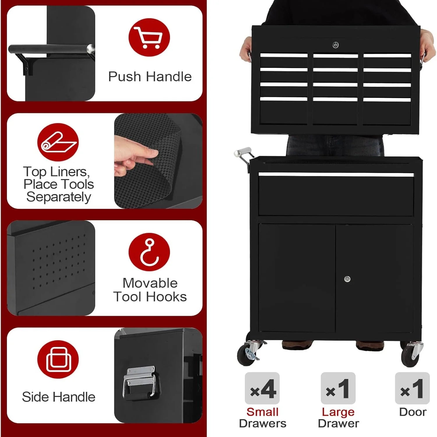 Huloretions 20" Tool Chest,Tool Storage Removable Tool Box Combo Rolling Tool Chest, 5-Drawers Metal Tool Box Organizer w/Auto Locking System & Lockable Wheels, Sliding Drawers, Detachable Top