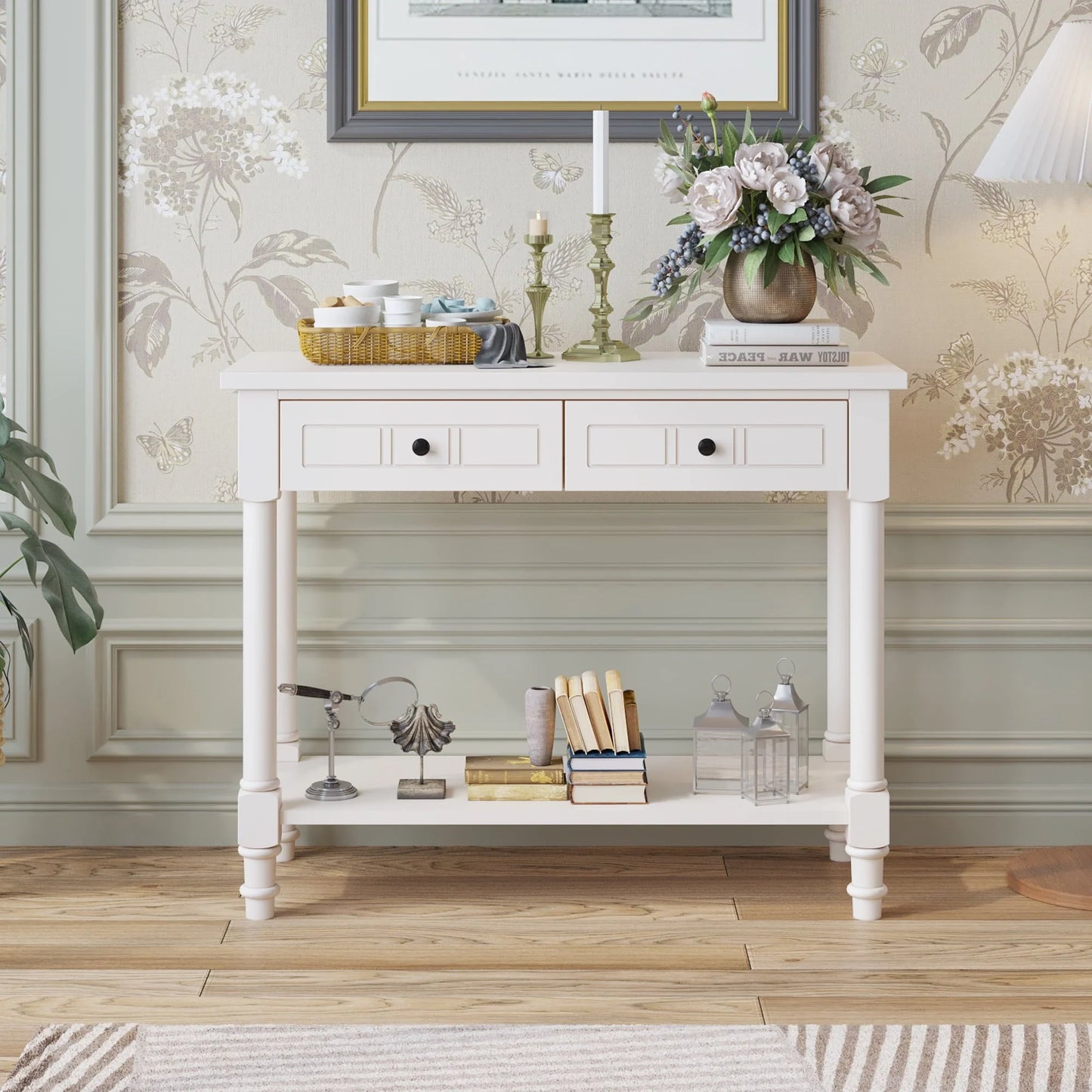 Ktaxon Wooden Console Table with 2 Drawers and Storage Shelf, Sofa Table Entryway Table Side Desk TV Stand for Living Room Hallway Kitchen, Ivory White