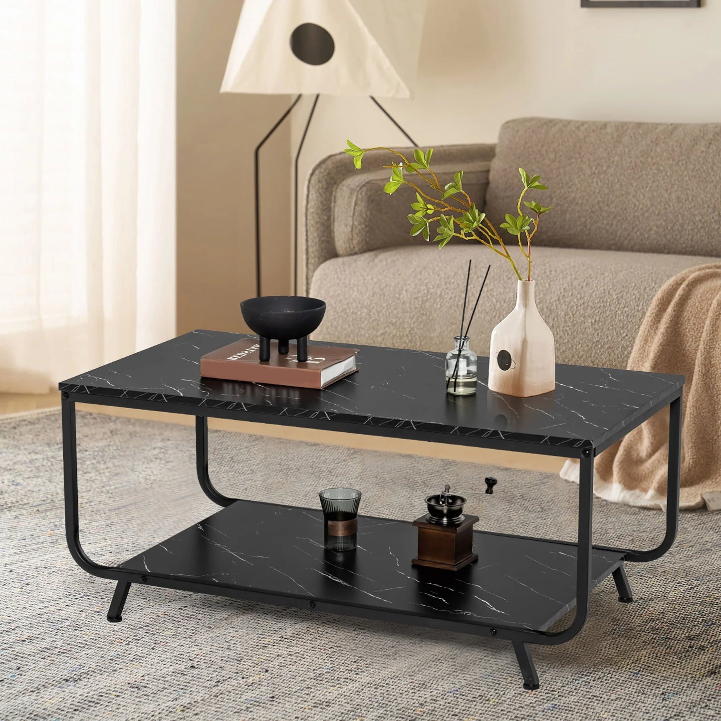 Costway Coffee Table 2-Tier Modern Marble Coffee Table W/Storage Shelf for Living Room