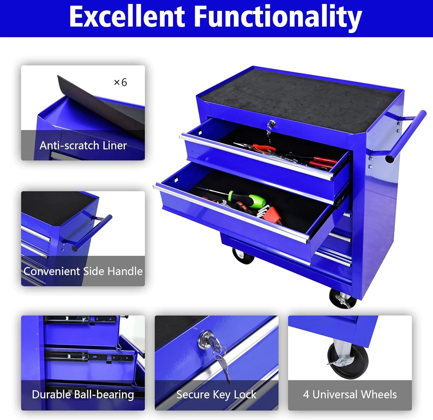 DSstyles Tool Chests, 5-Drawer Rolling Tool Storage Cabinet with Detachable Tray, Multi-Functional Handles, Adjustable Shelves, Secure Locking System, Heavy-Duty Wheels, Ideal for Garage, Workshop
