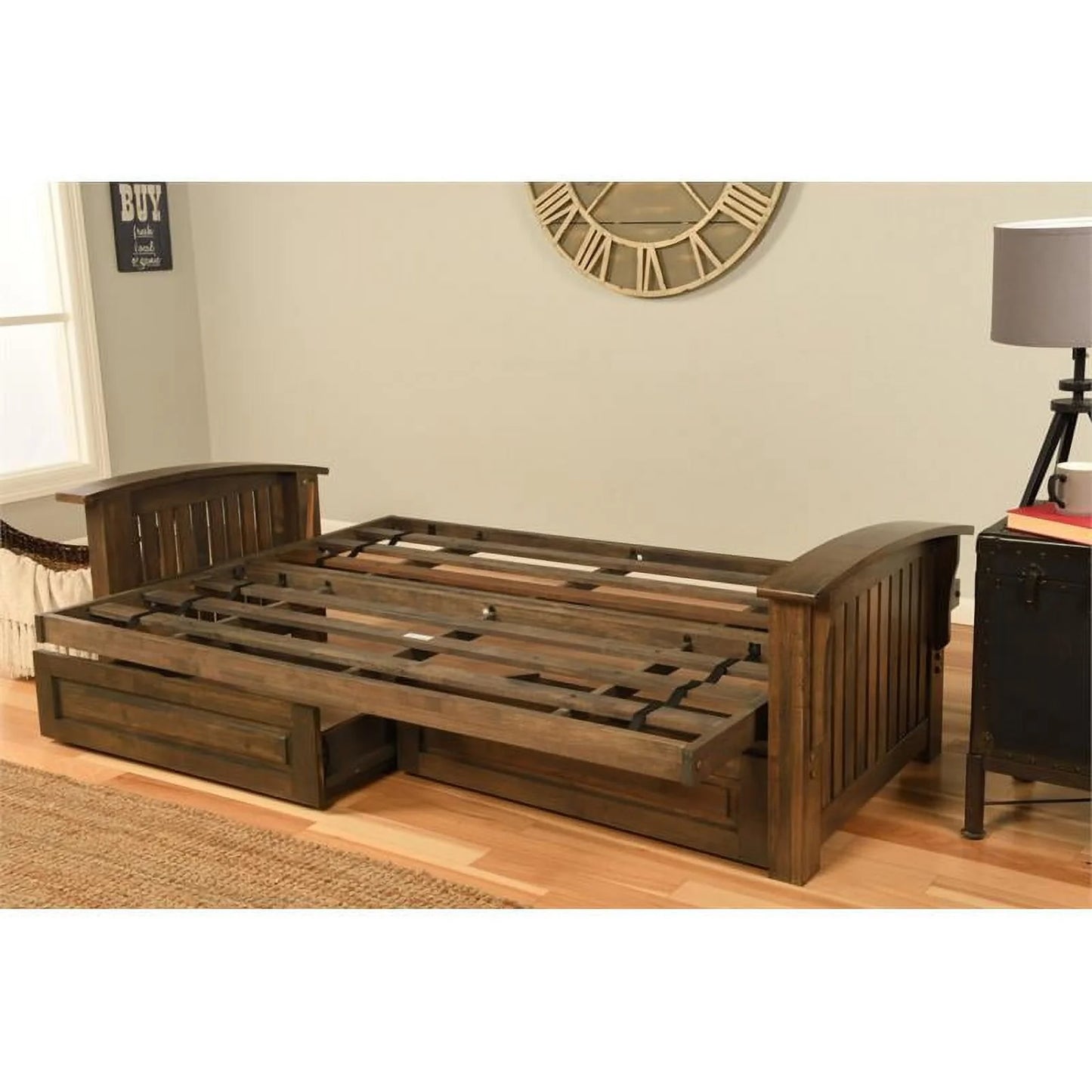 Bowery Hill Wood Queen Size Storage Futon Frame in Rustic Walnut