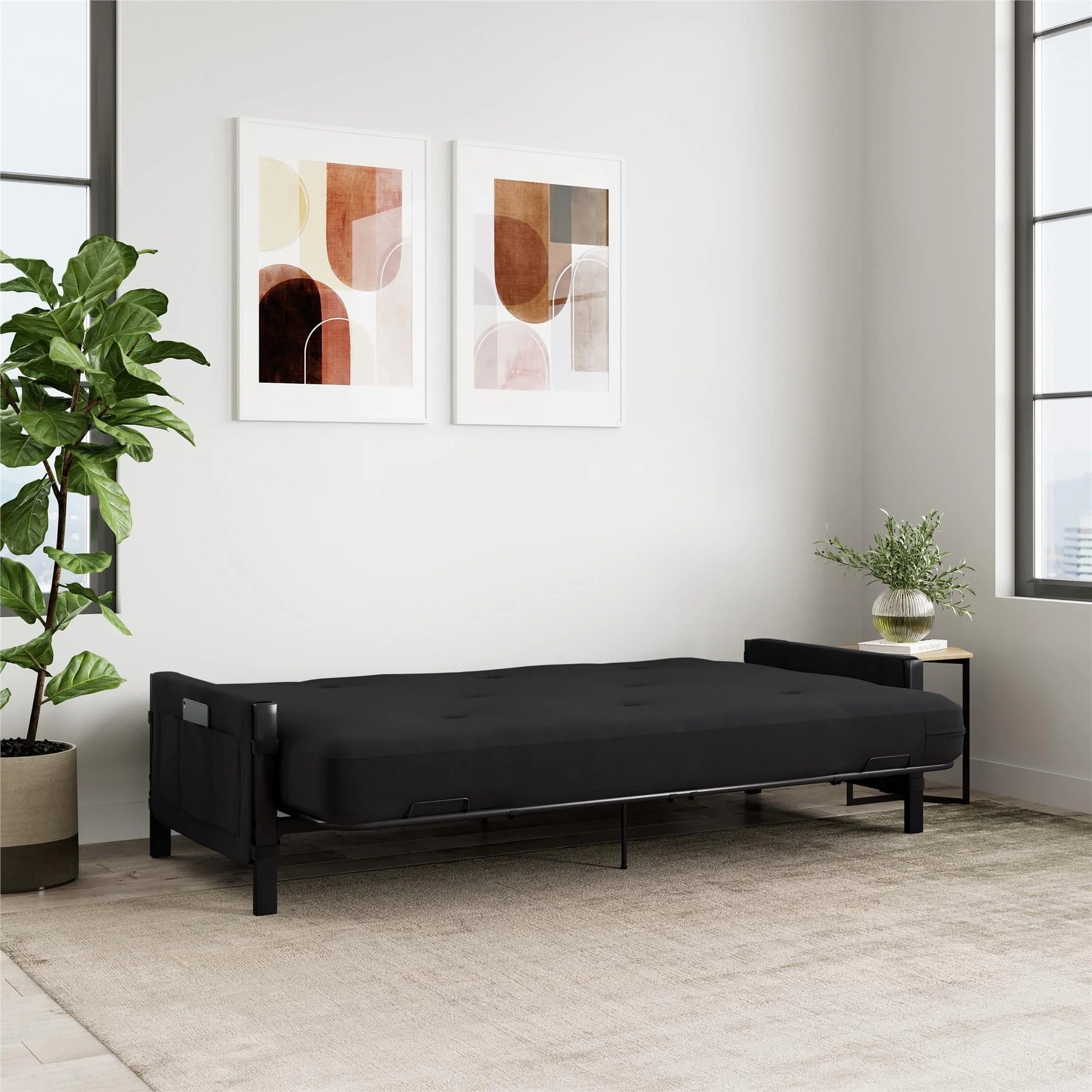 DHP Fairview Futon Set with Black Metal Frame, 6" Mattress and Storage Pockets, Black