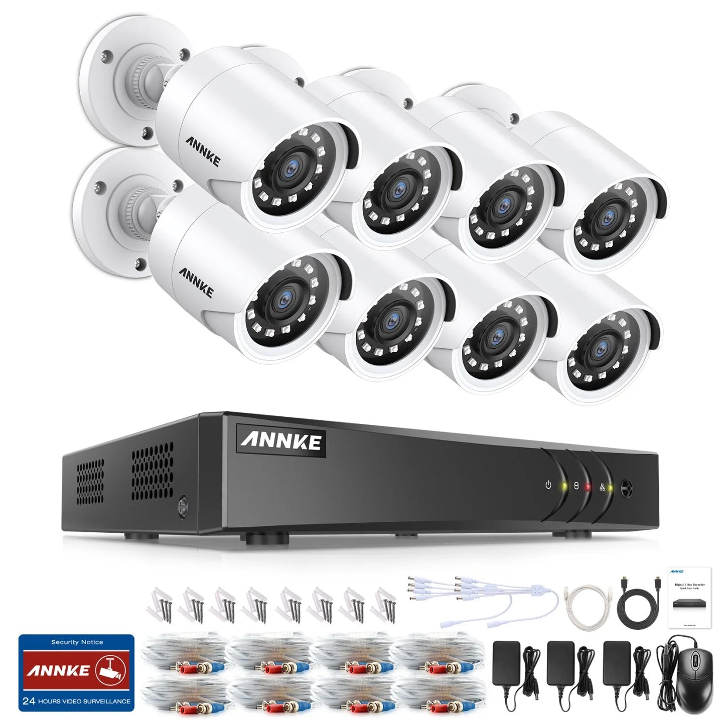 ANNKE 8CH 1080P Outdoor CCTV Video Home Security 8PCS White Bullet Weatherproof Camera System Surveillance Kits With No Hard Drive Disk