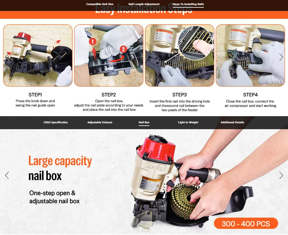 MEITE CN55 Pneumatic Coil Siding Nailer 15 Degree 1" to 2-1/4" Length Coil Nail Gun