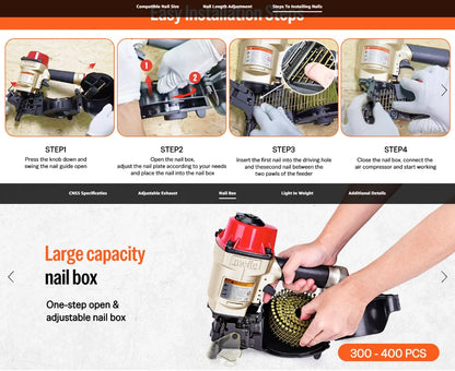 MEITE CN55 Pneumatic Coil Siding Nailer 15 Degree 1" to 2-1/4" Length Coil Nail Gun