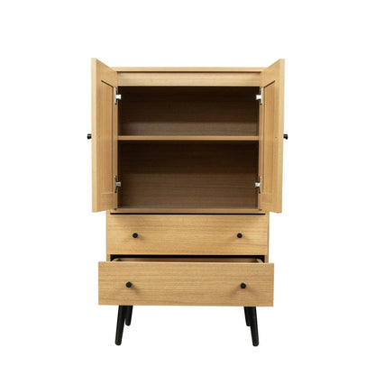 GZXS Storage Cabinet with 2 Rattan Doors & 2 Drawers, Mid Century Modern Buffet Sideboard Kitchen Cupboard for Living Room, Bedroom, Hallway, Home Office, Natural