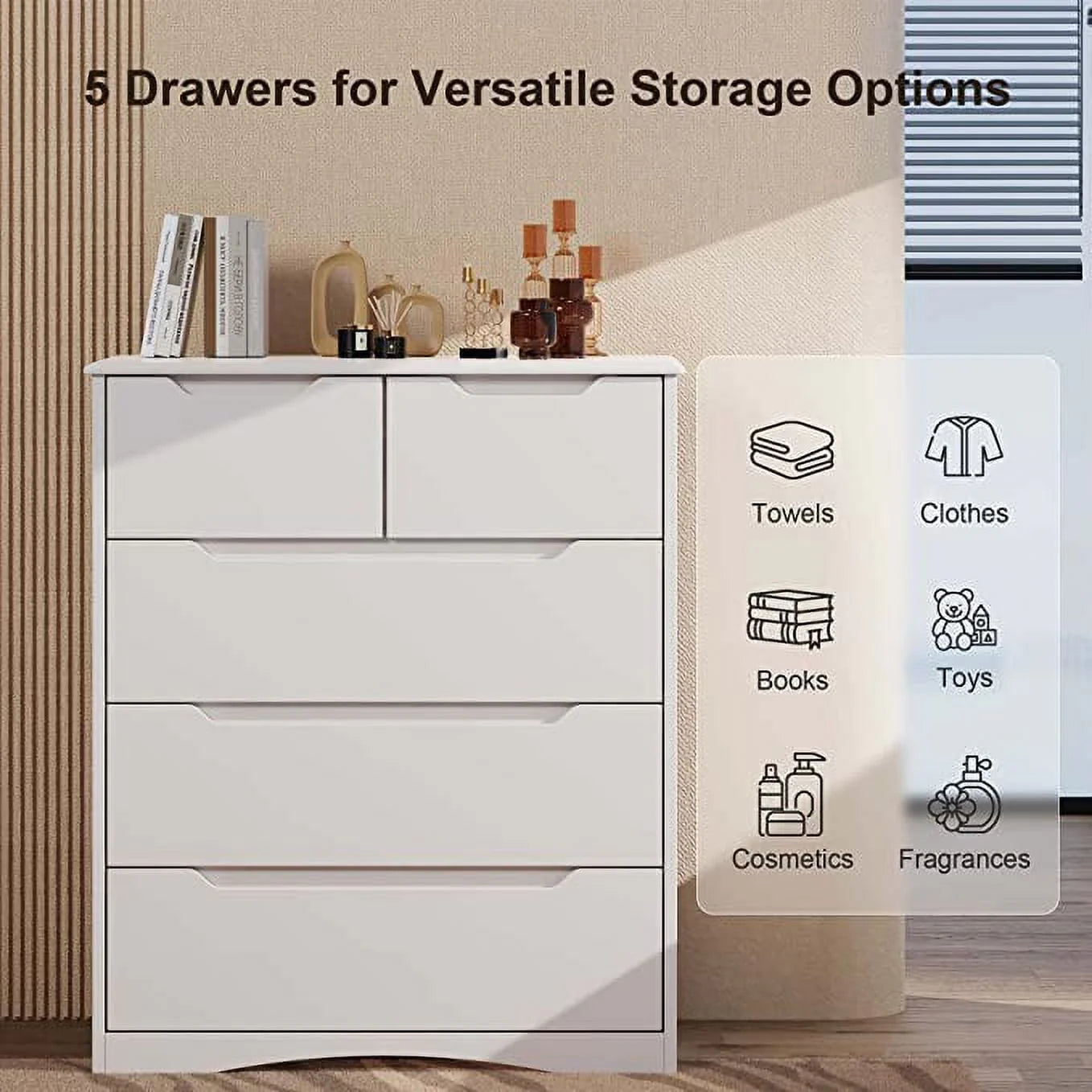 Dresser for Bedroom, Lofka 5 Storage Drawer Chest and Organizer with Cutout Handles for Bedroom, White