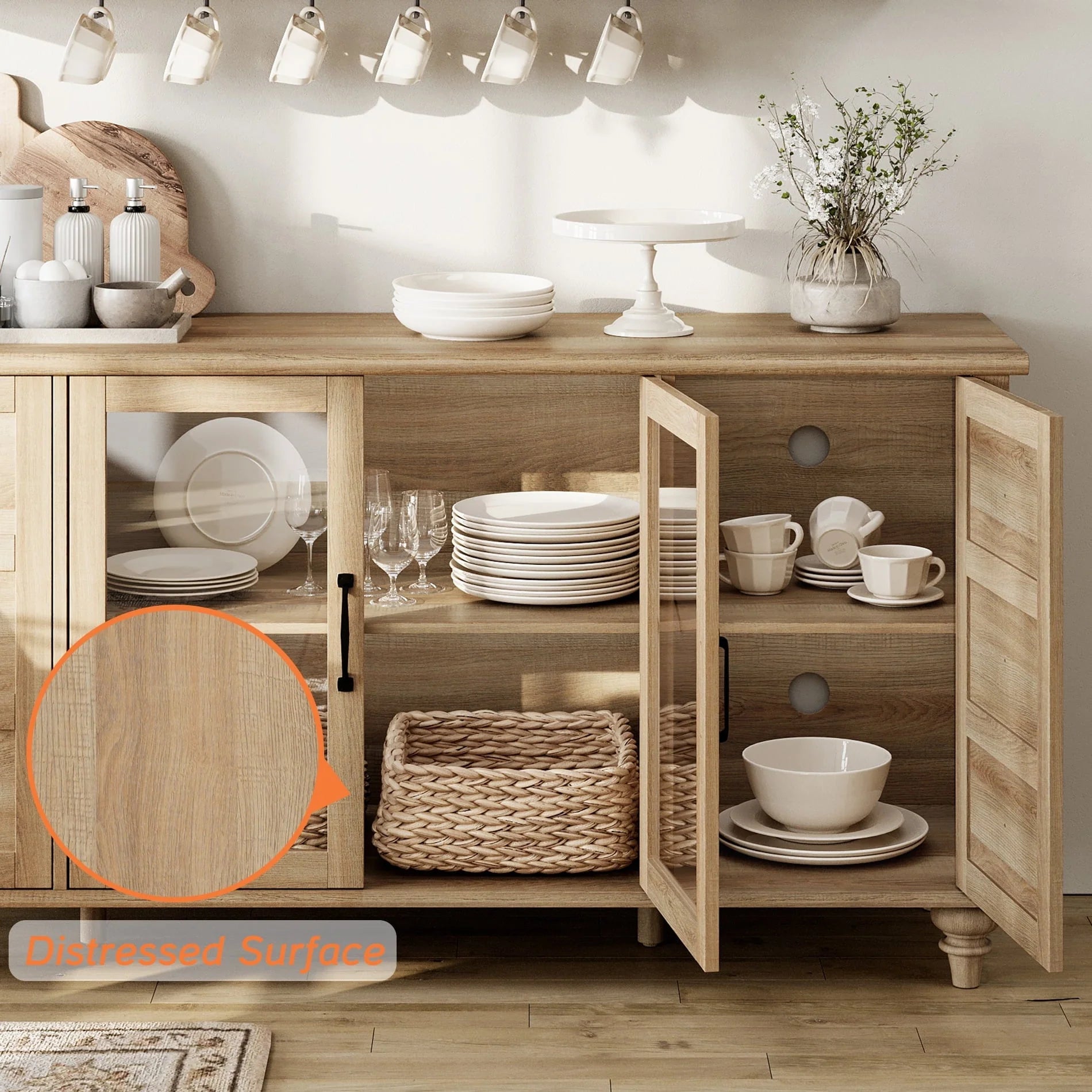 WAMPAT Sideboard Buffet Cabinets with Glass Door, Kitchen Storage Cabinets, Wood Coffee Bar Tables, Accent Sideboard Storage Cabinet Table Dining Room, Living Room,Oak