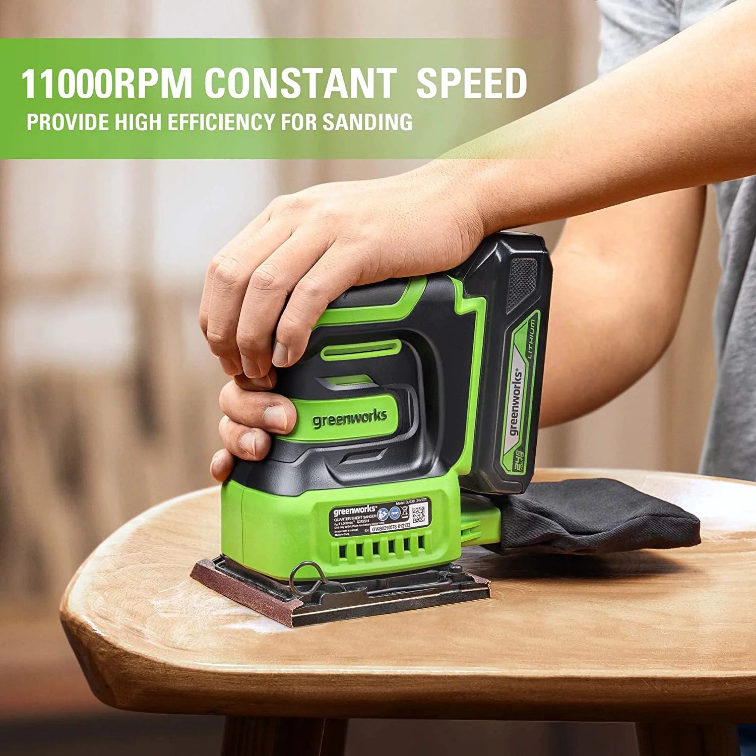 Greenworks 24V Cordless Quarter Sheet Sander 11,000 Opm with 2Ah Battery and Charger