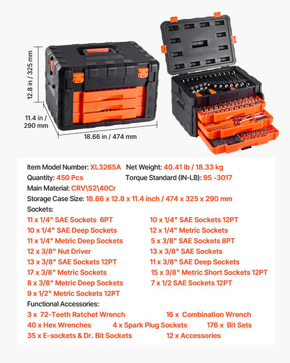 VEVOR Mechanics Tool Set and Socket Set,450 Pcs, 1/4, 3/8 and 1/2 inch Drive Deep and Standard Sockets, SAE Metric Mechanic Tool Kit with Bits, Wrenches, Accessories, Storage Case with Orange Drawer
