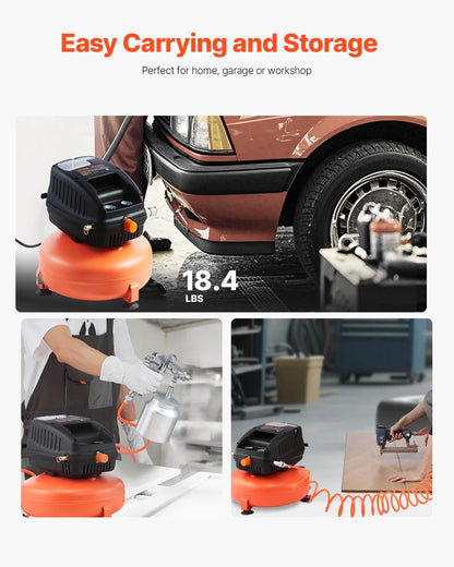 VEVOR 3 Gallon Air Compressor,1/3HP 0.54CFM @ 90PSI Portable Pancake Air Compressor & 100PSI Max Working Pressure, Oil-Free Compressor Tank for Tire Inflation, Spray Painting, Woodwork Nailing, 120V