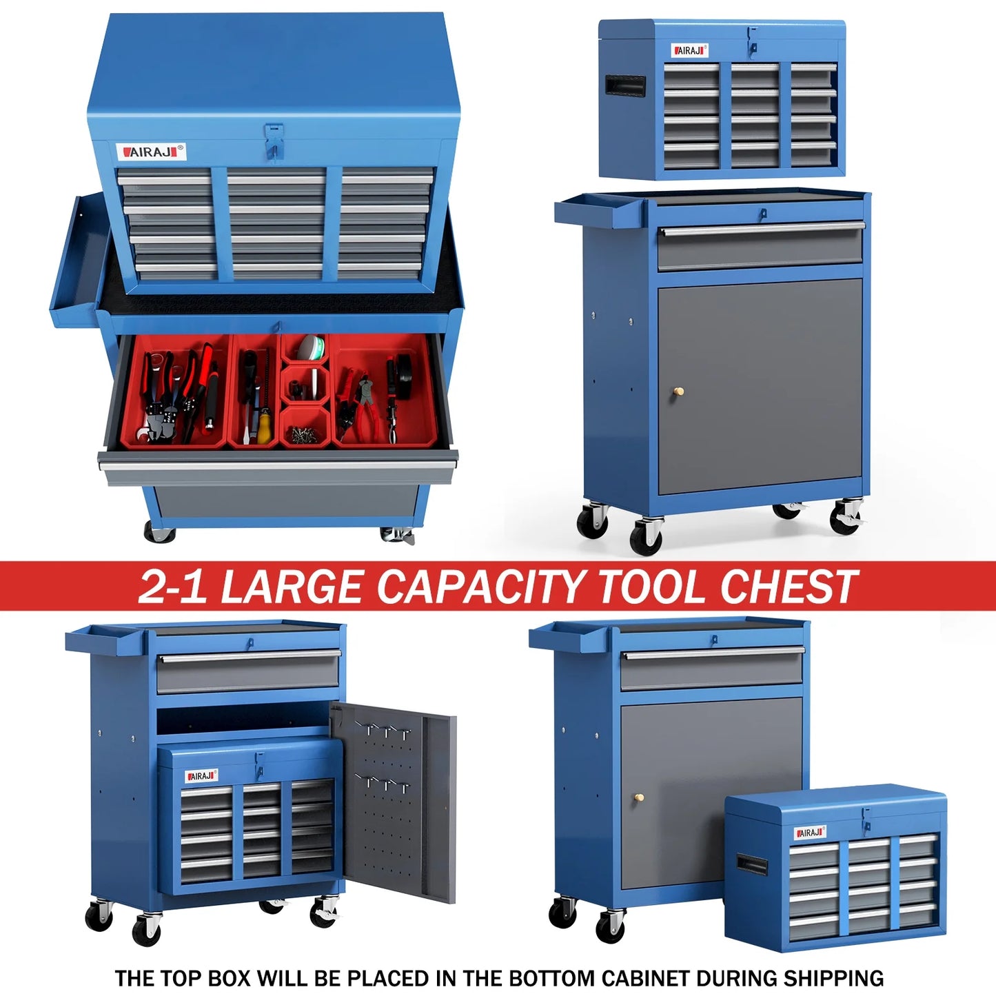 AIRAJ 7-Drawer 40 inch Large Rolling Tool Chest with Wheels | Detachable Top Metal Tool Box | Heavy Duty Toolbox Organizer with Hooks,Liners,Tray Divider