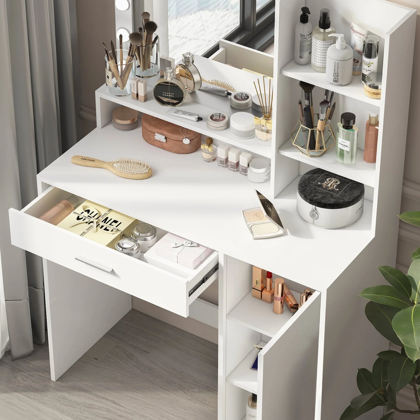 Palimder Vanity Desk, Large Drawer & 3 Level Storage Dresser, Bedroom Dressing Table White
