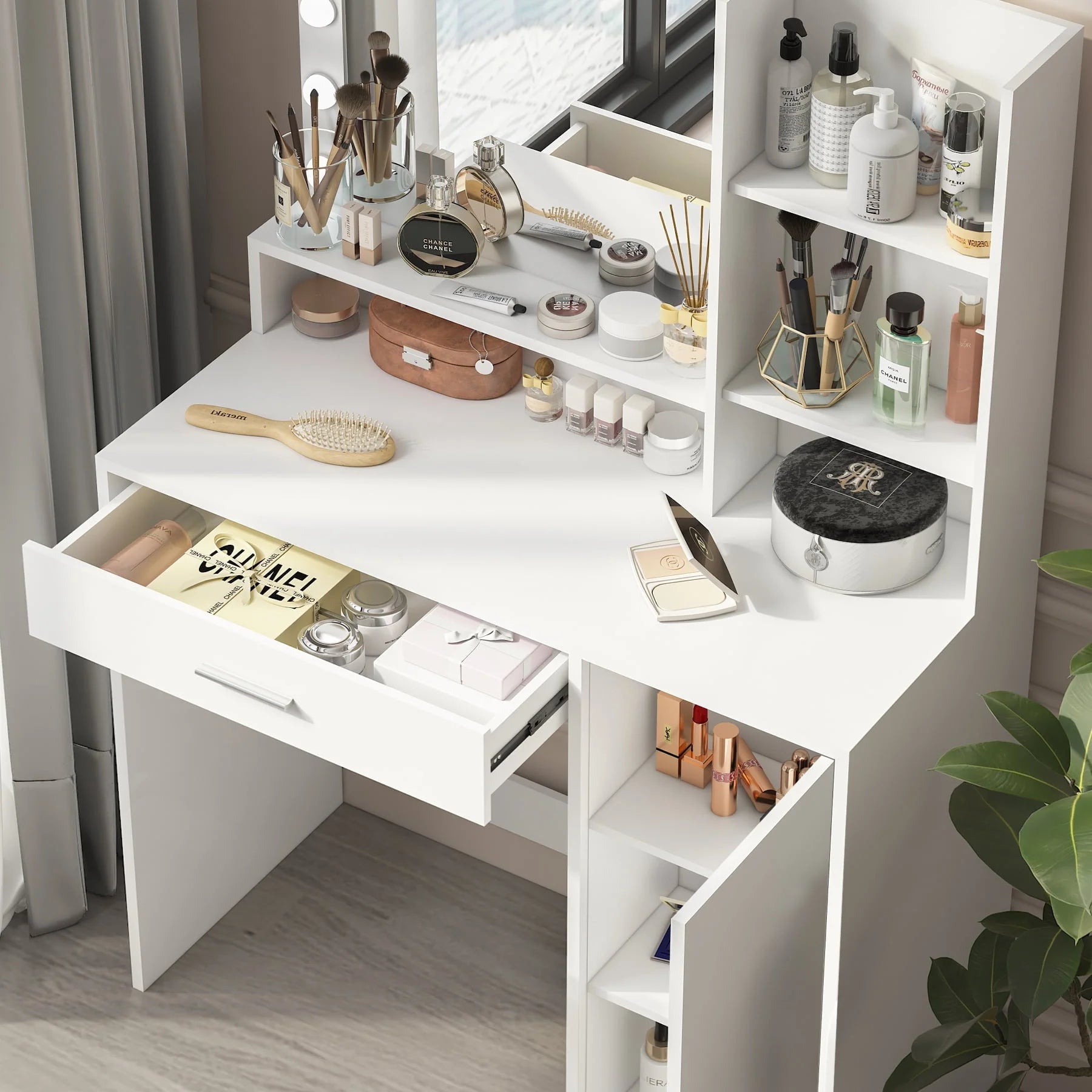 Palimder Vanity Desk, Large Drawer & 3 Level Storage Dresser, Bedroom Dressing Table White