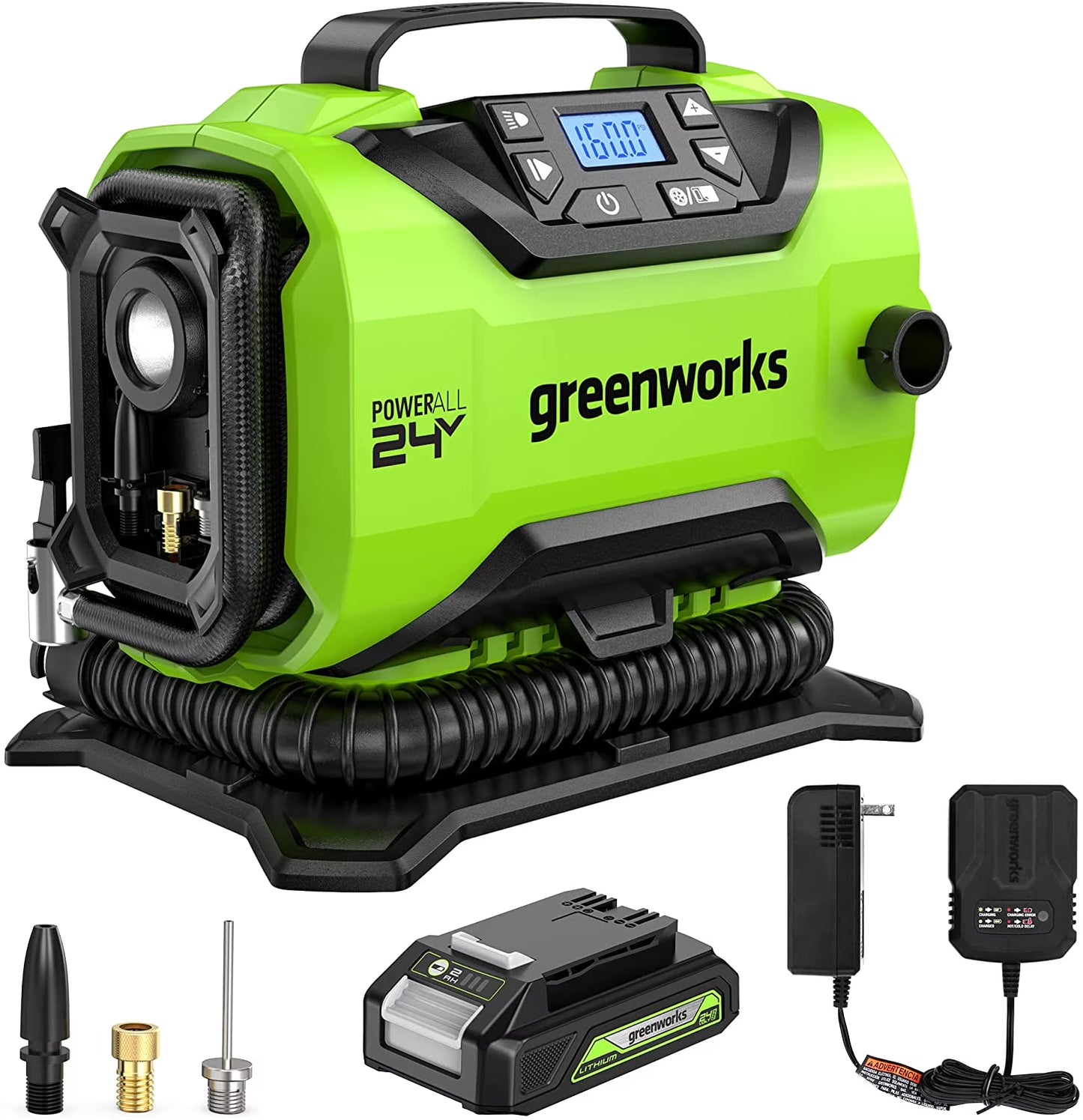 Greenworks 24V (12V/24V) Inflator Pump with 2Ah USB Battery & Charger 3401602