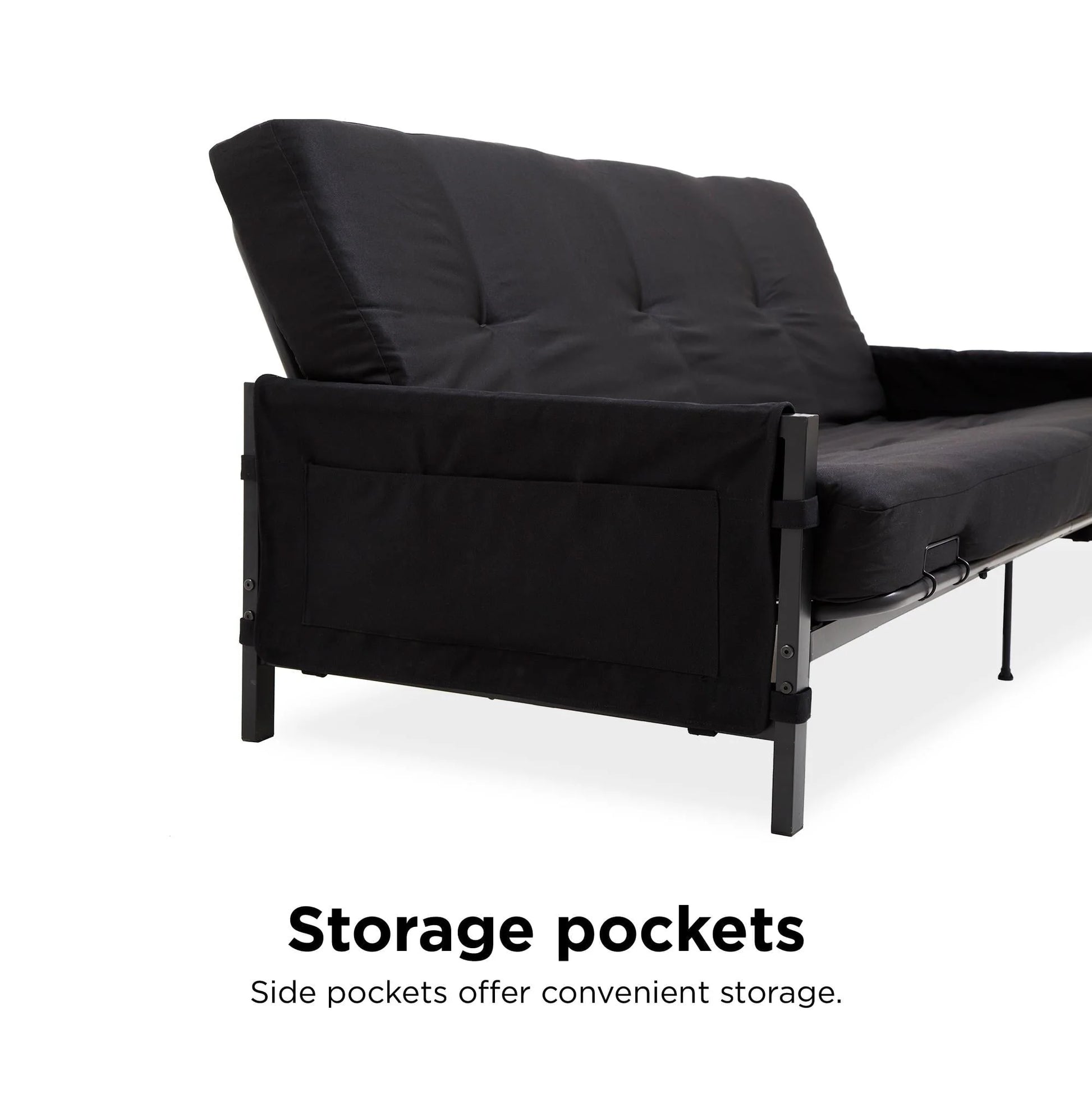 DHP Fairview Futon Set with Black Metal Frame, 6" Mattress and Storage Pockets, Black