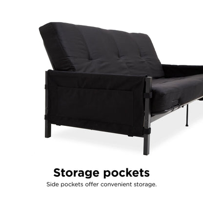 DHP Fairview Futon Set with Black Metal Frame, 6" Mattress and Storage Pockets, Black