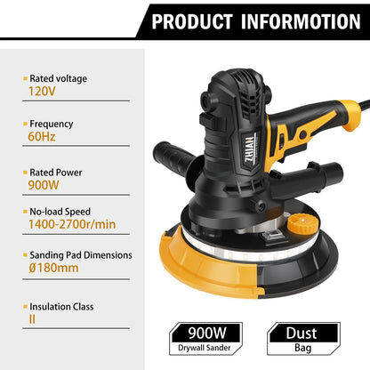 ZHJAN 7" Handheld Electric Drywall Sander 900W with Vacuum & LED - Dual-Grit, 12 Discs, Portable Wall Polisher