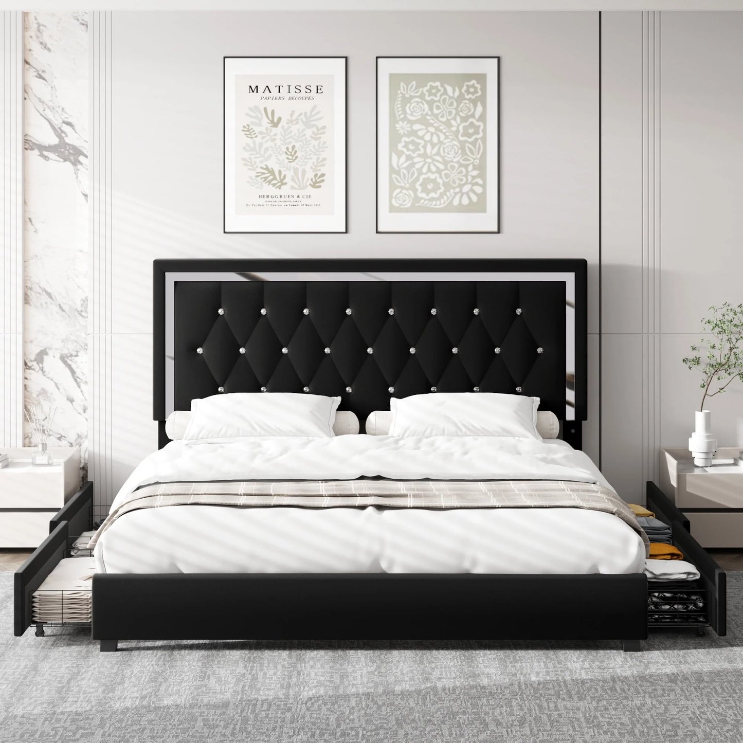 Homfa Queen Size Storage Bed with 4 Drawers, Crystal Buckle Upholstered Platform Bed Frame with Adjustable Headboard for Bedroom, Black