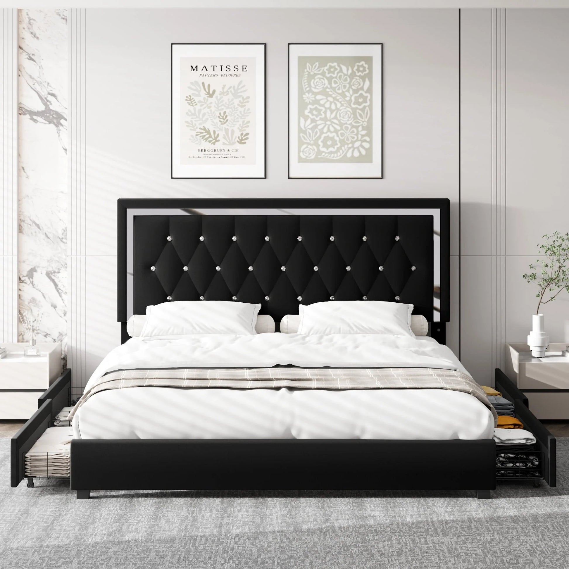 Homfa Queen Size Storage Bed with 4 Drawers, Crystal Buckle Upholstered Platform Bed Frame with Adjustable Headboard for Bedroom, Black