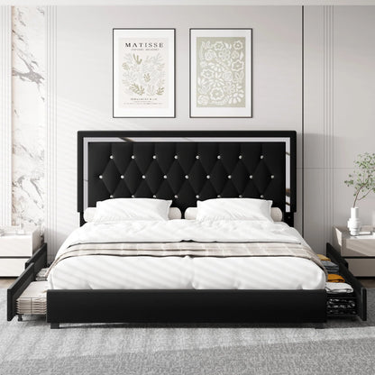 Homfa Queen Size Storage Bed with 4 Drawers, Crystal Buckle Upholstered Platform Bed Frame with Adjustable Headboard for Bedroom, Black