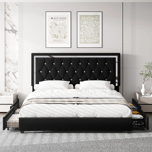 Homfa Queen Size Storage Bed with 4 Drawers, Crystal Buckle Upholstered Platform Bed Frame with Adjustable Headboard for Bedroom, Black