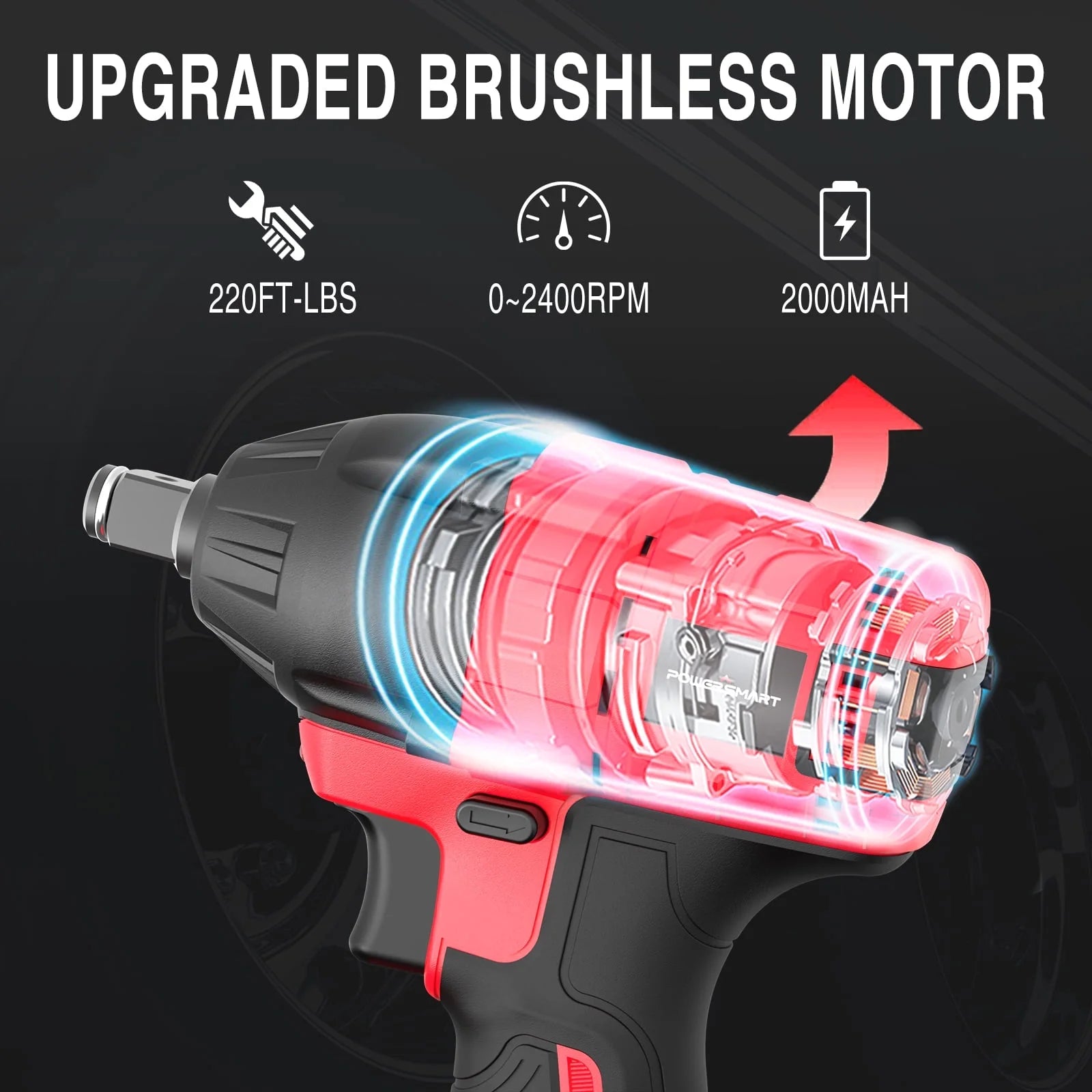PowerSmart Brushless Cordless Impact Wrench 1/2 inch, 2.0Ah 20V Battery & Fast Charger Included