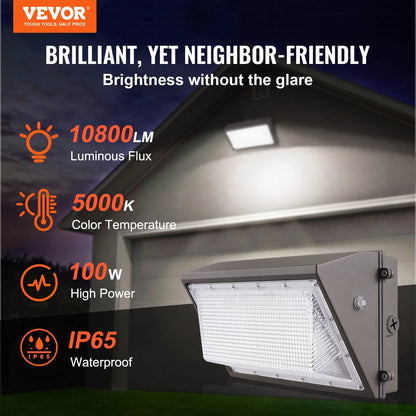 VEVOR 2PCs LED Wall Pack Lights, 100W 10800LM, 5000K Commercial Outdoor Lights Security Lighting Fixture, with Intelligent Light Sensing 180 LED beads Energy Saving for Garages Yards