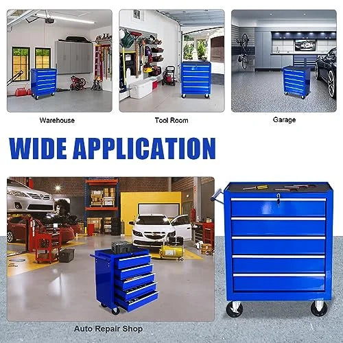 Rolling Garage Workshop Tool Organizer 5 Drawer Tool Chest, Tool Storage Cabinet for Garage Storage with 4 Wheels and Locking System, Blue