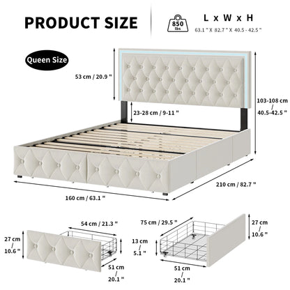Homfa Queen LED Bed, 9 Colors LED Lights Platform Bed Frame with 4 Storage Drawers, Adjustable Upholstered Headboard with Button Tufted, Velvet Beige