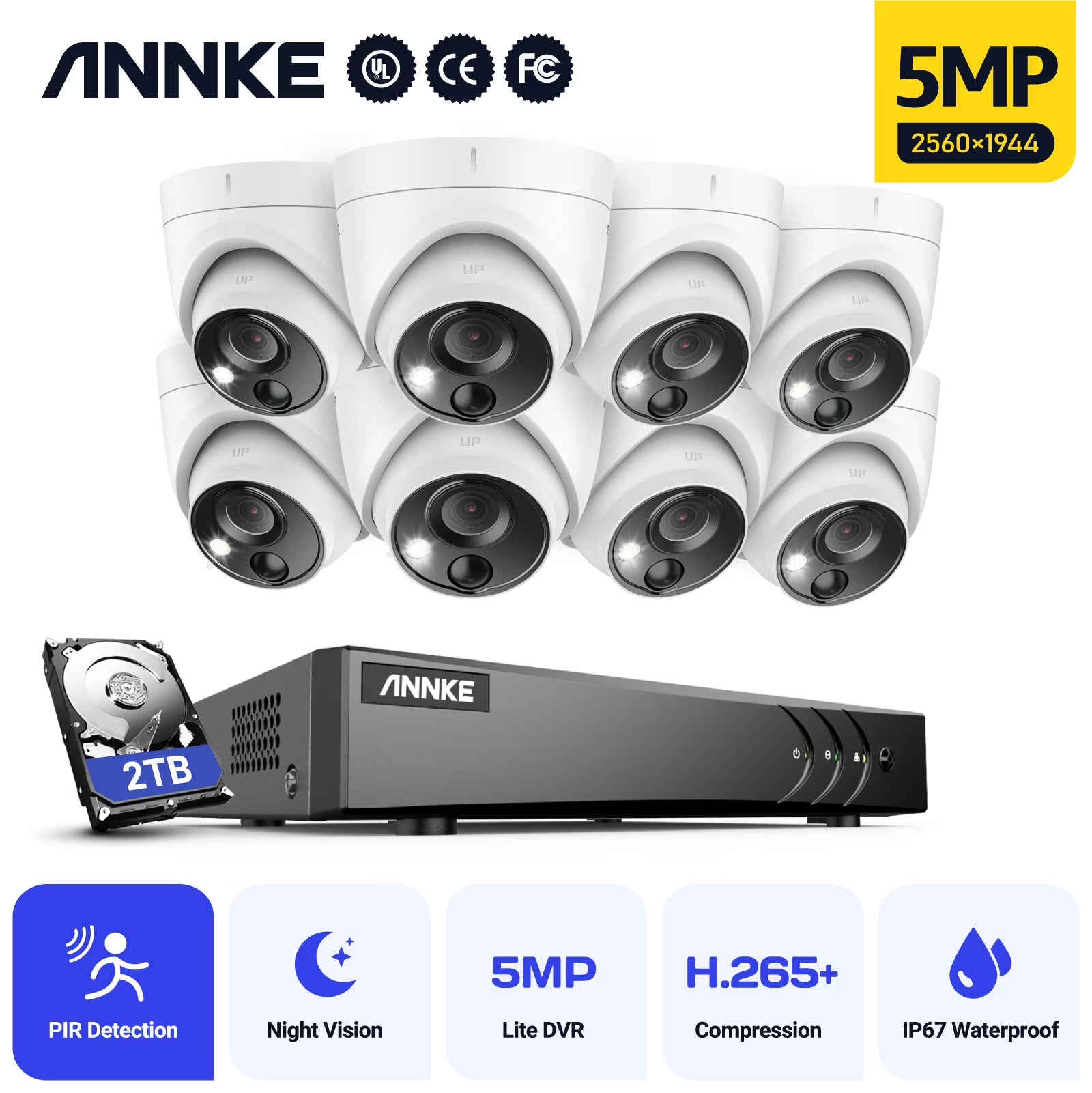 ANNKE 8CH 5MP Security Camera System 5MP Lite 5IN1 H.265+ DVR with 8pcs IP67 5MP PIR HD EXIR Dome Weatherproof Surveillance CCTV Kit Without HDD