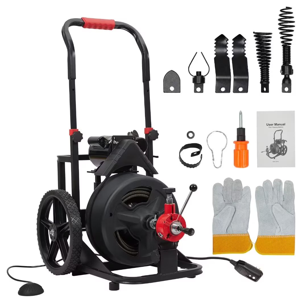 Drain Cleaner Machine 100FT x 1/2 Inch, Auto Feed Sewer Snake Auger on Wheels, with 6 Cutters, Electric Drain Clog Remover Plumbing Tool for 1-4" Pipes