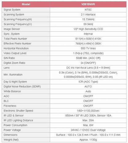 CNB V2815NVR Outdoor Dome Camera Intelligent IR 550TVL 20 Leds Vandal-Resitant ICR 3.8-9.5mm
