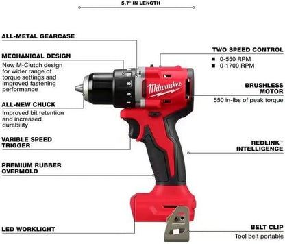 Milwaukee 3601-20 M118 18V Lithium-Ion Brushless Cordless 1/2 in. Compact Drill/Driver (Tool Only), Red C55