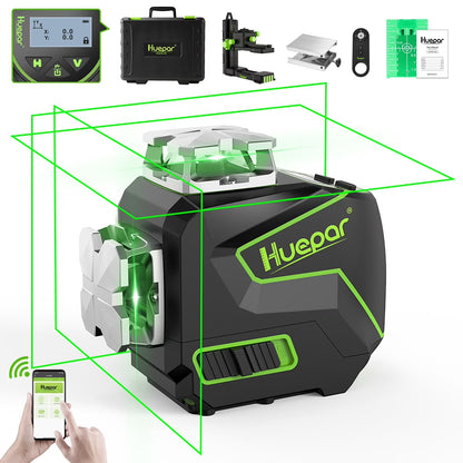 4D 16 Lines Self-Leveling Laser Level, 200Ft Green Beam 4 x 360° Cross Line Laser Level Tools with LCD Screen, Bluetooth and Magnetic Bracket
