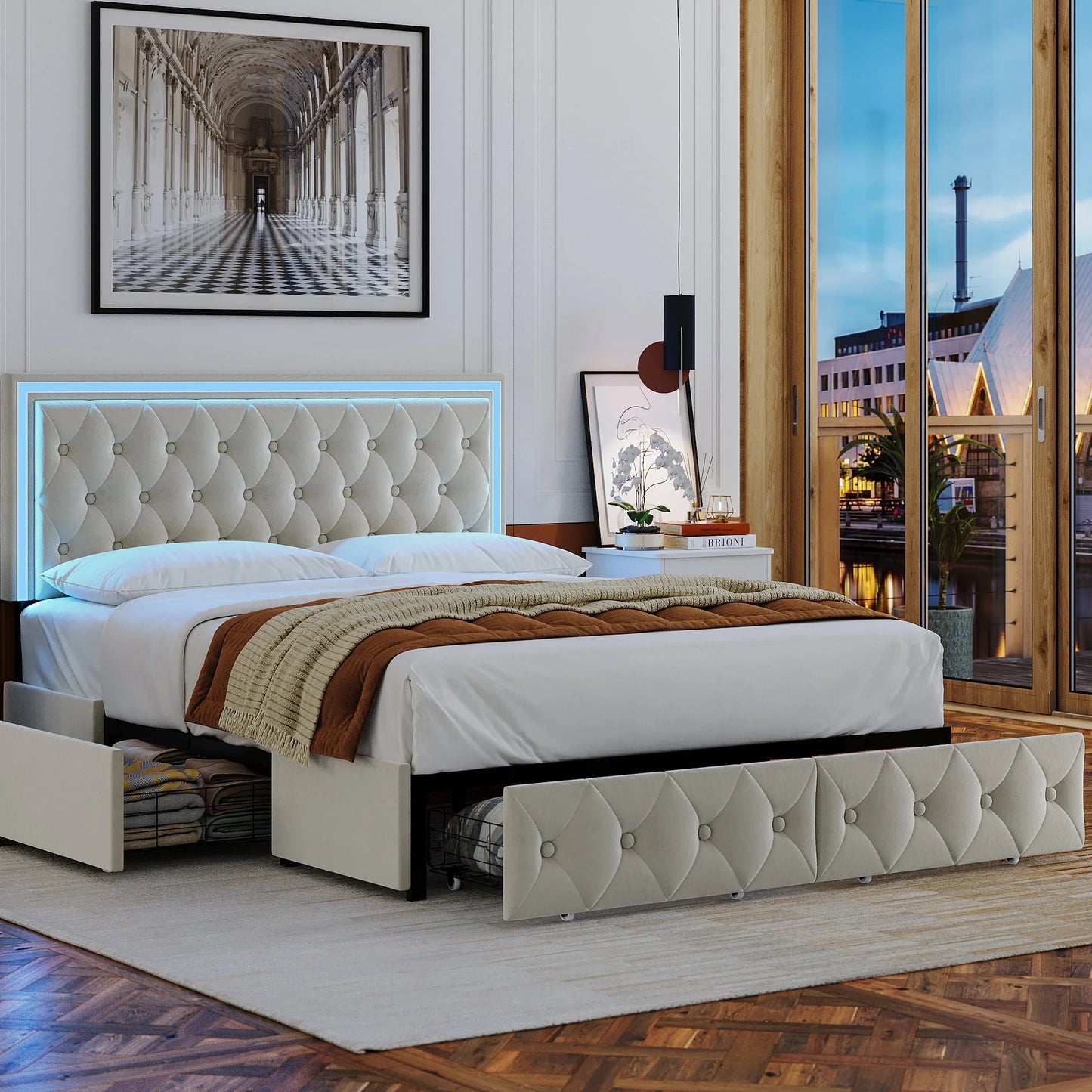 Homfa Queen LED Bed, 9 Colors LED Lights Platform Bed Frame with 4 Storage Drawers, Adjustable Upholstered Headboard with Button Tufted, Velvet Beige