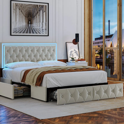 Homfa Queen LED Bed, 9 Colors LED Lights Platform Bed Frame with 4 Storage Drawers, Adjustable Upholstered Headboard with Button Tufted, Velvet Beige